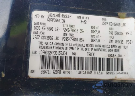 2003 Dodge Dakota z USA, uszkodzony, nr VIN 1D7HG12X73S152354